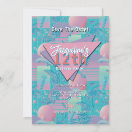 Blue Summer Vaporwave Sunset Birthday Inbjudningar