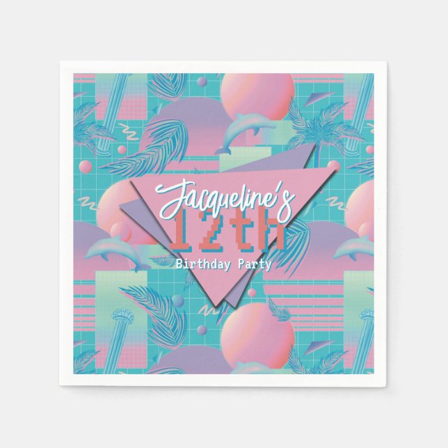 Blue Summer Vaporwave Sunset Birthday Pappersservett (Framsidan)