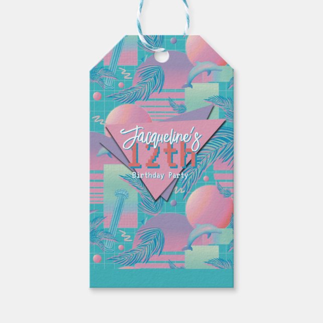 Blue Summer Vaporwave Sunset Birthday Presentetikett (Framsidan)