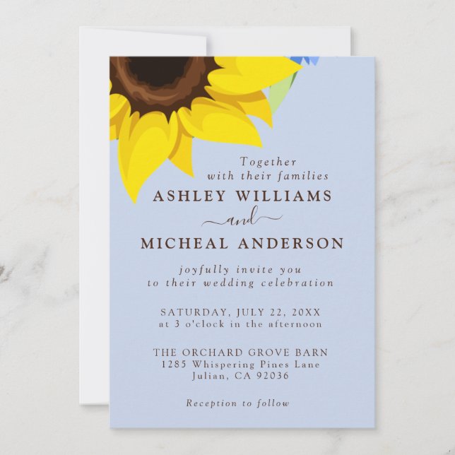 Blue  Sunflower Wedding Invitation With Photo Inbjudningar (Framsida)