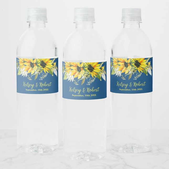 Blue Sunflower Wedding  Water Bottle Label Vattenflaskor Etikett (Flaskor)