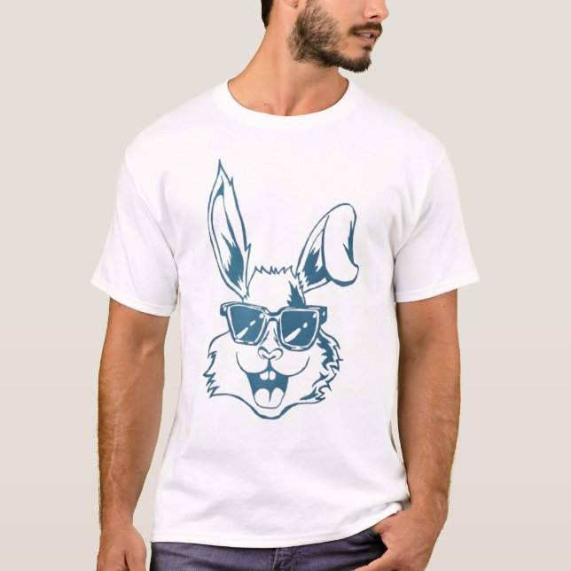 Blue Sunglass Bunny Line Art T Shirt (Framsida)