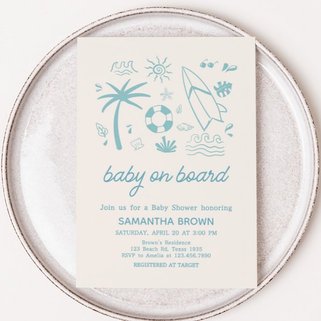 Blue Surfa Baby på babyskor ombord på bord Inbjudningar (Blue Baby on Board Baby Shower Invitation)