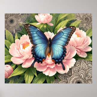Blue Swallowtail Butterfly Floral Botanical Art Poster