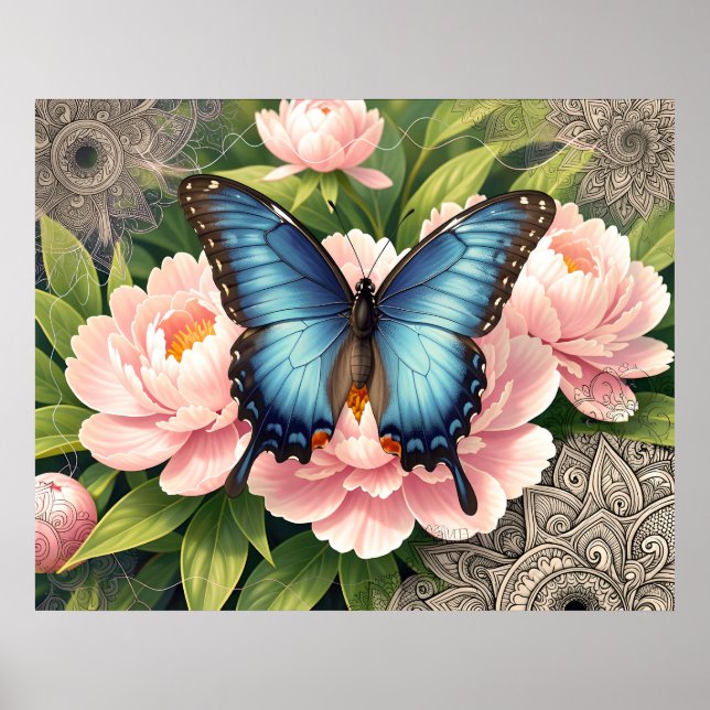 Blue Swallowtail Butterfly Floral Botanical Art Poster (Framsidan)