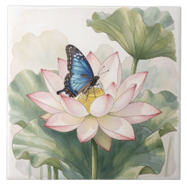  Blue Swallowtail Butterfly With Lotus Flower Art Kakelplatta