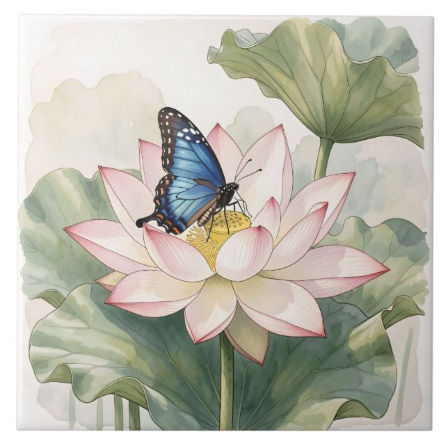  Blue Swallowtail Butterfly With Lotus Flower Art Kakelplatta (Framsidan)