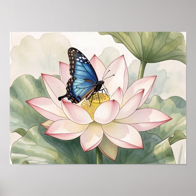  Blue Swallowtail Butterfly With Lotus Flower Art Poster (Framsidan)