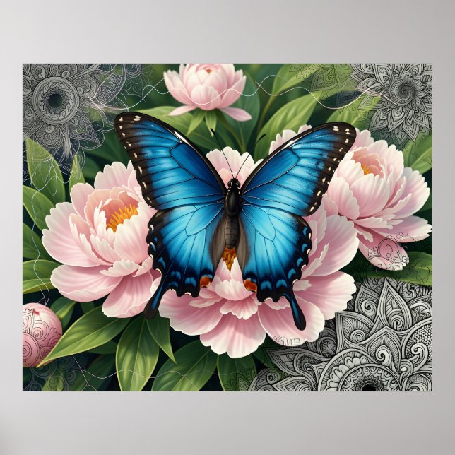 Blue Swallowtail Butterfly With Peonies Floral Art Poster (Framsidan)