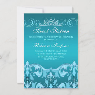 Blue Sweet16 Damask & Tiara Birthday Inbjudan
