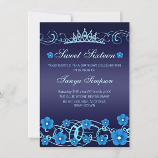 Blue Sweet16 Flower & Tiara Birthday Inbjudan