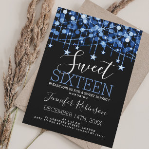 Blue Sweet 16 Birthday Sparkly String Ljus Inbjudningar