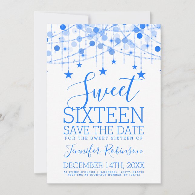 Blue Sweet 16 Sparkly String Ljus Spara Date Datumet (Framsida)