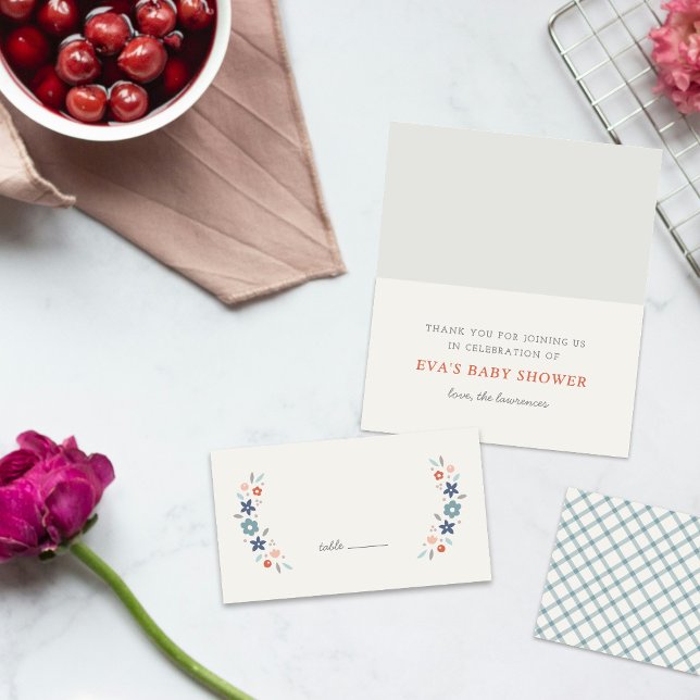 Blue Sweet Floral Baby Shower Folded Place Card Placeringskort (Skapare uppladdad)