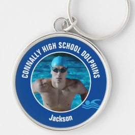 Blue Swim Team Photo High School Swimmer Rund Silverfärgad Nyckelring