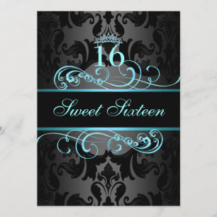 Blue Swirl Damask Sweet16 Birthday Inbjudan