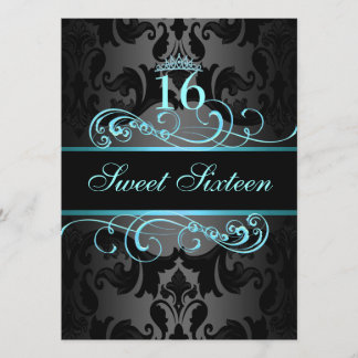 Blue Swirl Damask Sweet16 Birthday Inbjudan