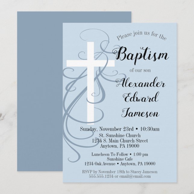 Blue Swirl Kor Baptism Bopys inbjudan (Fram/baksida)