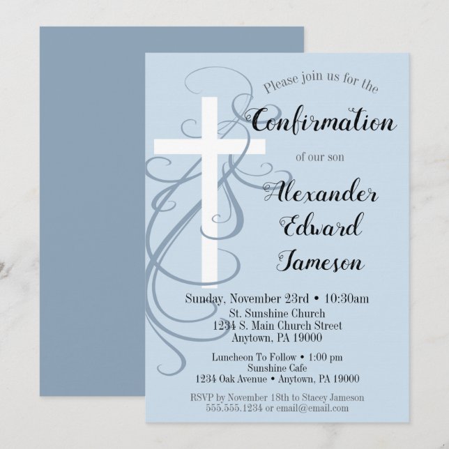 Blue Swirl Kor Confirmation Invation Boy's Inbjudningar (Fram/baksida)