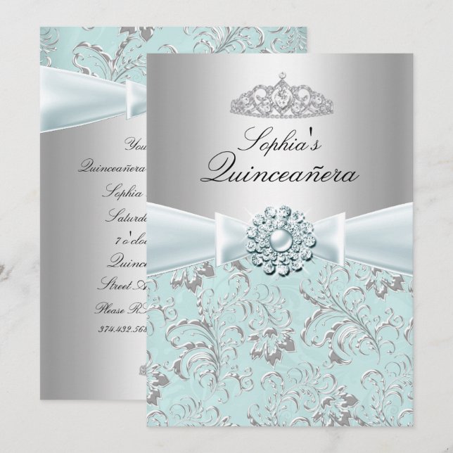 Blue Swirl Tiara Quinceanera-meddelanden Inbjudningar (Fram/baksida)