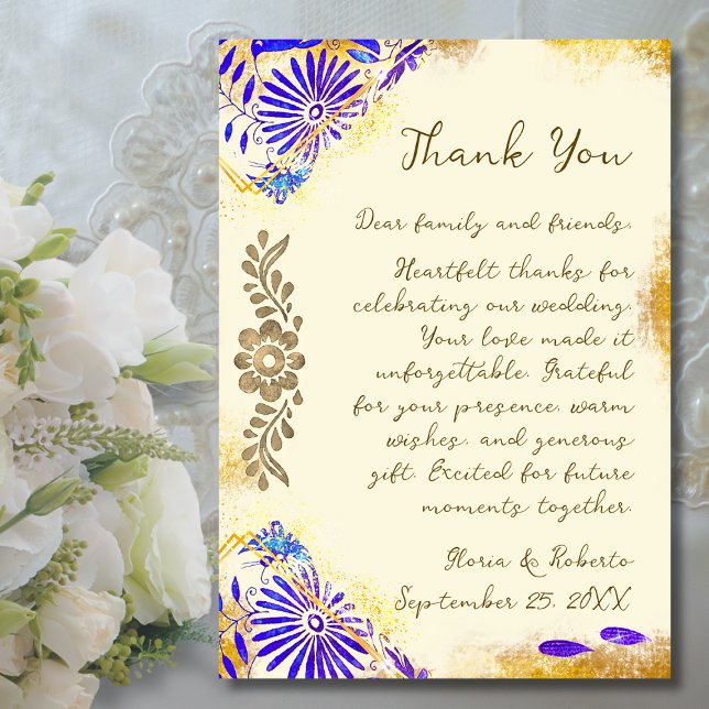 Blue Talavera Gold Baroque Wedding Tack Kort (A timeless thank you card blending rustic gold textures and blue Mexican floral artistry.)