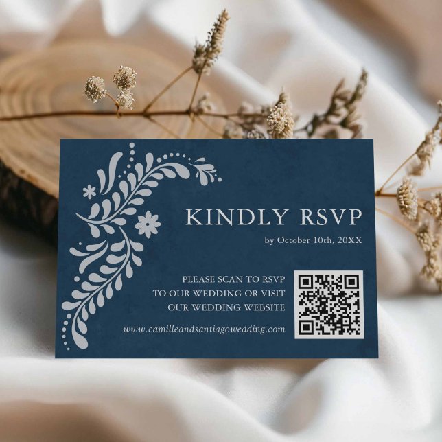 Blue Talavera Mexican QR-kod OSA Kort (Blue Talavera Mexican Wedding RSVP card)
