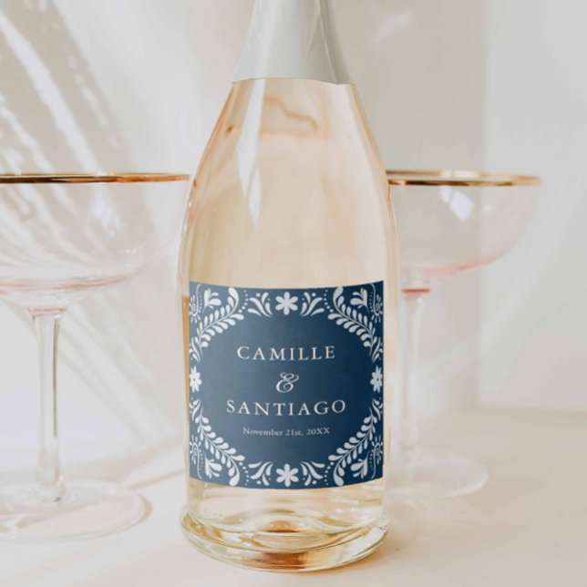 Blue Talavera Mexikanska Bröllop (Blue Talavera Mexican Wedding Champagne Label)