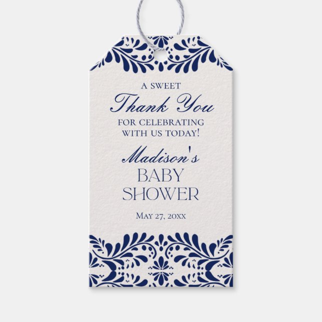 Blue Talavera Tile Fiesta Baby Shower Favor Presentetikett (Framsidan)