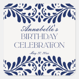 Blue Talavera Tile Spain Fiesta Birthday Favor Fyrkantigt Klistermärke