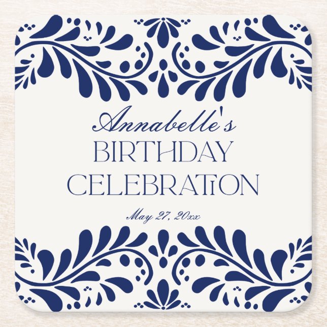 Blue Talavera Tile Spain Fiesta Födelsedagsfest Underlägg Papper Kvadrat (Framsidan)