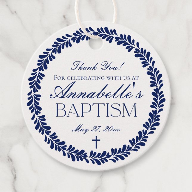 Blue Talavera Tile Spansk Fiesta Baptism Circle Gåvor Etiketter (Framsida)