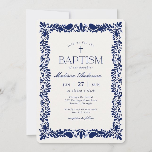 Blue Talavera Tile Spansk Fiesta Baptism Inbjudningar (Framsida)