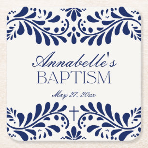 Blue Talavera Tile Spansk Fiesta Baptism Underlägg Papper Kvadrat