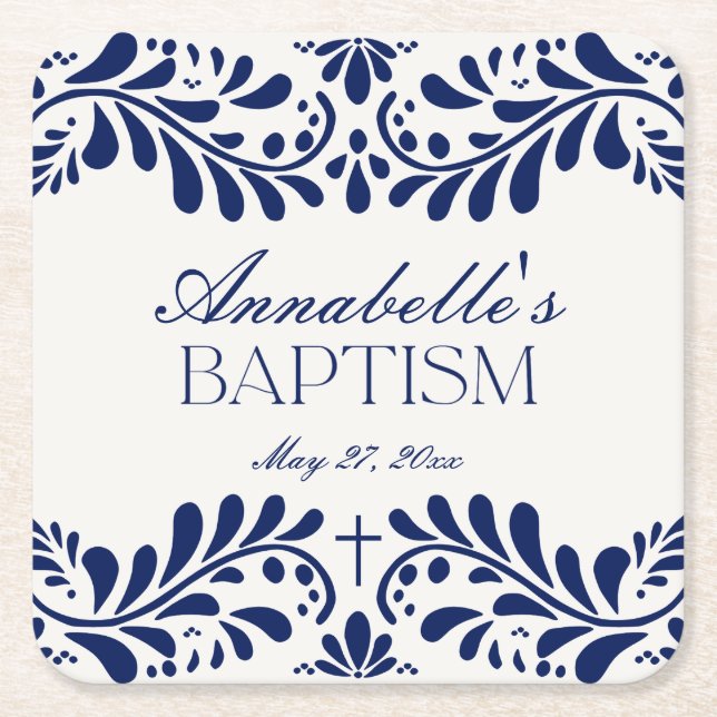 Blue Talavera Tile Spansk Fiesta Baptism Underlägg Papper Kvadrat (Framsidan)