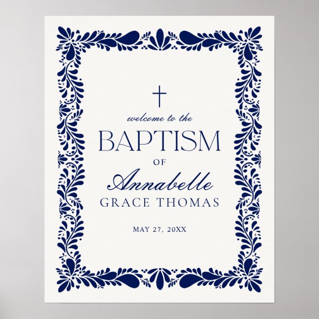 Blue Talavera Tile Spansk Fiesta Baptism Välkomna Poster (Framsidan)