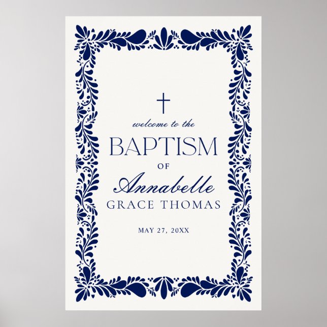 Blue Talavera Tile Spansk Fiesta Baptism Välkomna Poster (Framsidan)