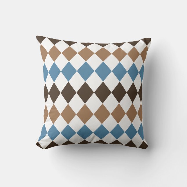 Blue, Tan och Brown Diamond Harlequin Kudde (Framsida)