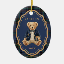 Blue Tartan Plaid | Christmas Teddy Bear Julgransprydnad Keramik
