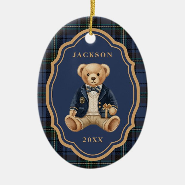Blue Tartan Plaid | Christmas Teddy Bear Julgransprydnad Keramik (Framsidan)