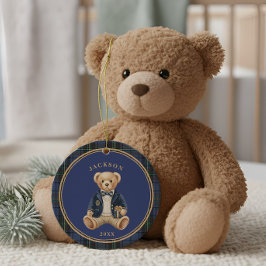 Blue Tartan Plaid | Christmas Teddy Bear Julgransprydnad Keramik