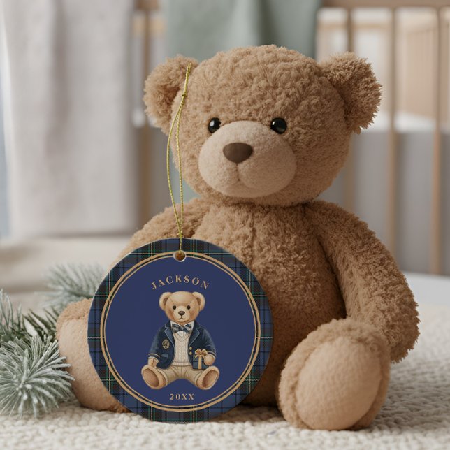 Blue Tartan Plaid | Christmas Teddy Bear Julgransprydnad Keramik (Skapare uppladdad)