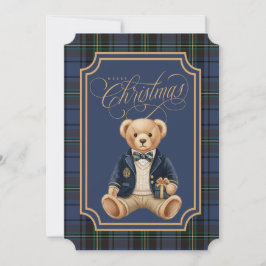 Blue Tartan Plaid | Christmas Teddy Bear Julkort