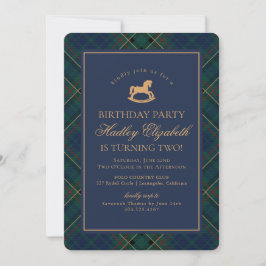 Blue Tartan Plaid Classic Rocking Horse Birthday Inbjudningar