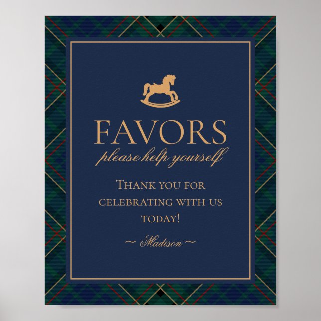 Blue Tartan Plaid Rocking Horse Favors Sign Poster (Framsidan)