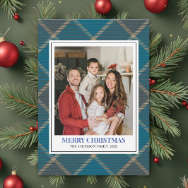 Blue Tartan Plaid with Christmas Family Photo Julkort