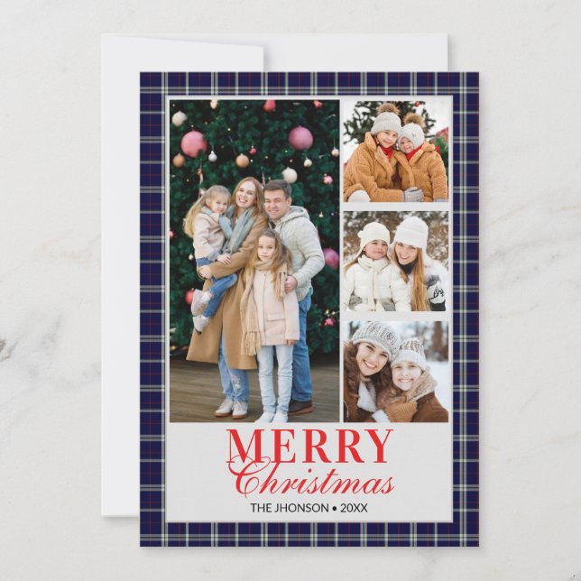 Blue Tartan Preppy Christmas Photo Collage Holiday Inbjudningar (Framsida)
