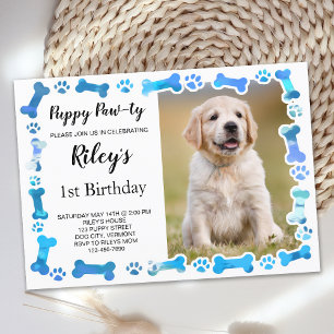 Blue Tass avtryck Bones Puppy Hund Birthday Inbjudningar
