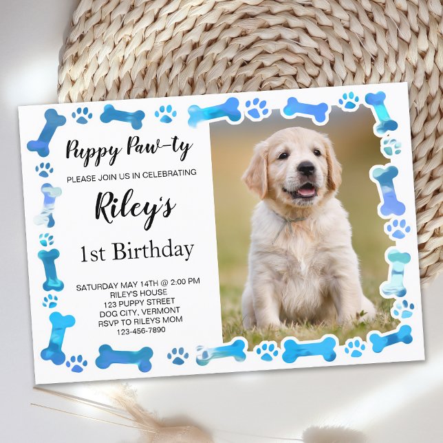 Blue Tass avtryck Bones Puppy Hund Birthday Inbjudningar (Skapare uppladdad)