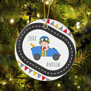 Blue Tävla Car Boy-julprydnad Julgransprydnad Keramik