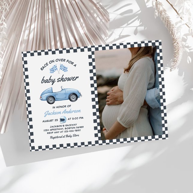 Blue Tävling Car Boy Baby Shower Photo Inbjudningar (Skapare uppladdad)